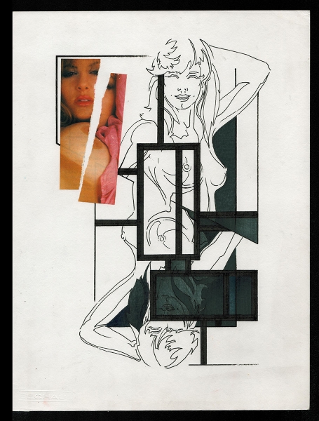 Tekening gemengde techniek,  naakte spiegelende dame 16 01 1989