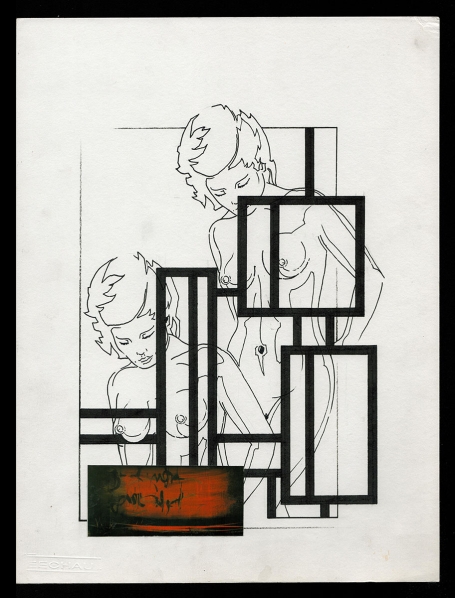Tekening gemengde techniek,  naakte verschoven dame 26 01 1988
