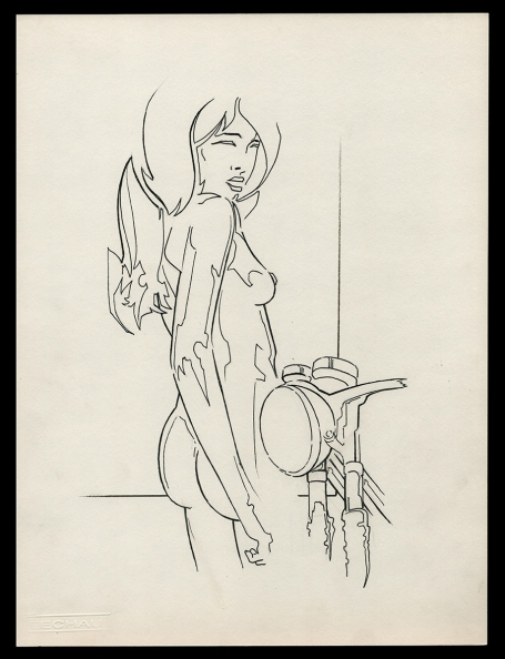 Tekening  naakte dame aan een moto 14 02 1982