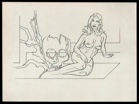 Tekening Naakte dame flirtend met de dood 060782