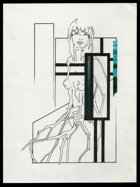 Tekening gemengde techniek,  naakte boomdame 09 08 89