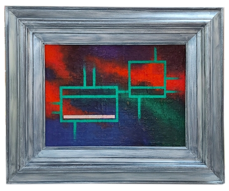 Blauw Rood Groen abstract schilderijtje 1993