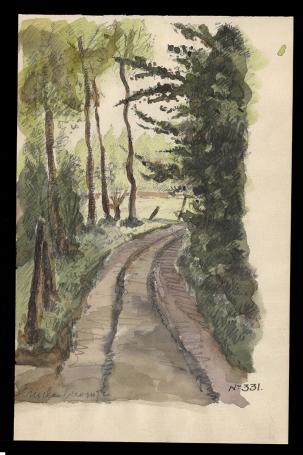 Aquarel, padje langs het bos