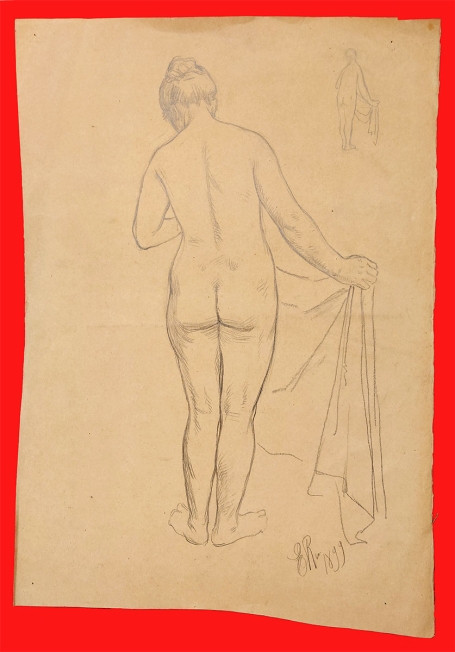 Potloodschets naakte rug dame die doek vastheeft