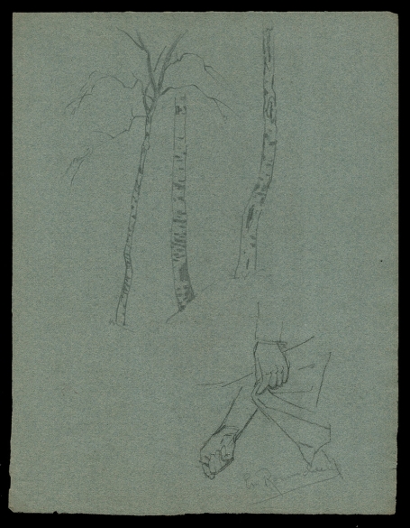 Blad, schets voor en achter, Bomen en hand, Strip