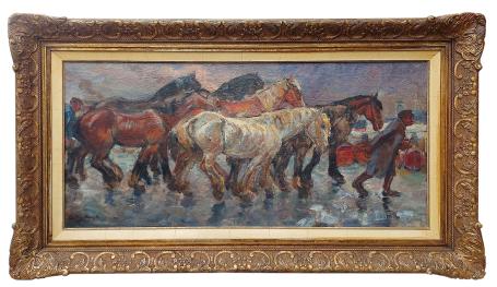 De paarden op weg naar de markt