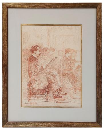Tekening sanguine, man op stoel in kerk