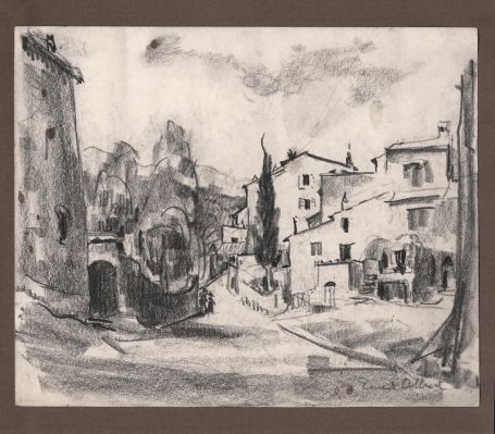 Tekening van een dorpsgezicht van de Belgische tekenaar Albert Ernest