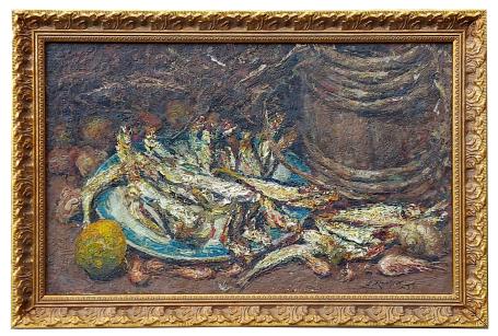 Stilleven, harington, haring, garnalen en citroen 1937