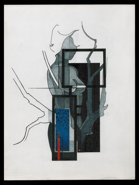 Tekening gemengde techniek,  naakte dame aan boom 20 12 1983