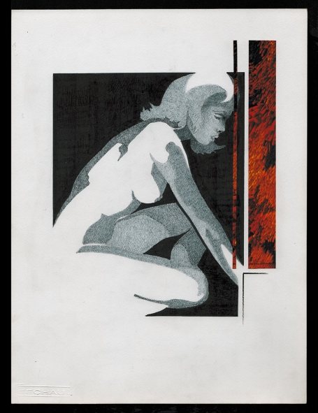 Tekening gemengde techniek, naakte dame rood/zwart