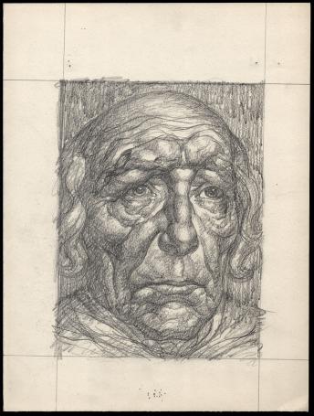 Tekening en ets  karakterkoppen E (voor en achter)