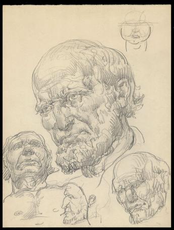 Tekeningen (voor en achter) Q, karakterkoppen en landschap