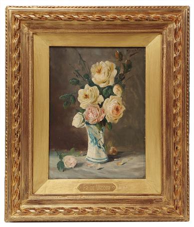 Stilleven, rozen in een Delfts vaasje