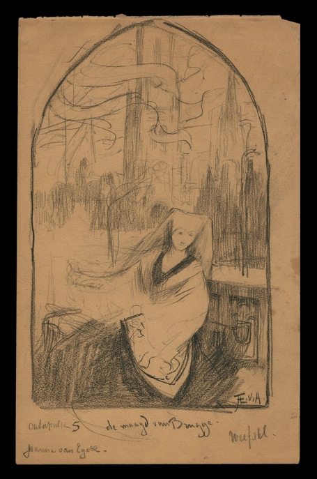 2 tekeningen, de maagd van Brugge en de priester