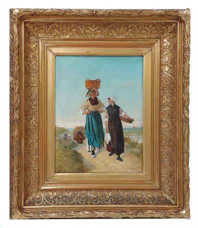 Vissersvrouwen op wandel langs de kust