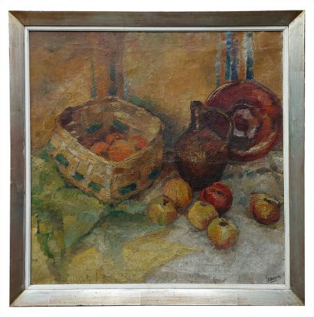 Pastueus stilleven met fruit, kan, schotel en mand