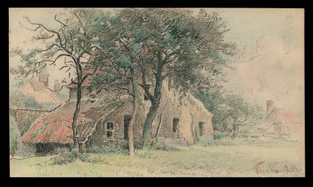Tekening, de boerderij bij de bomen