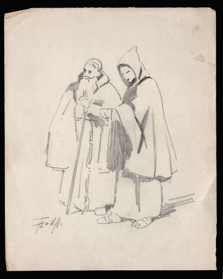 Schets twee paters op wandel