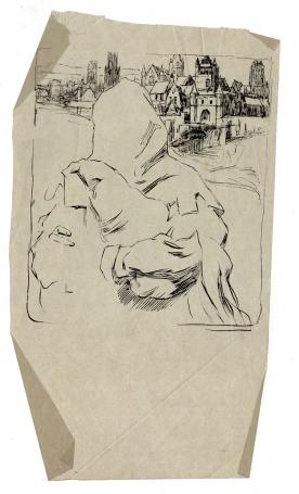 Schets op kalkpapier, man en stad