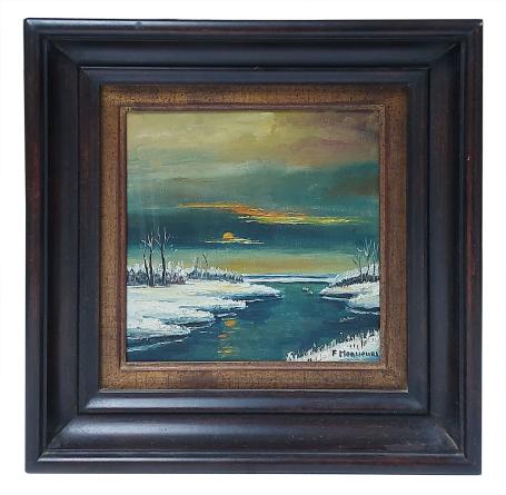 Beekje in de sneeuw bij ondergaande zon