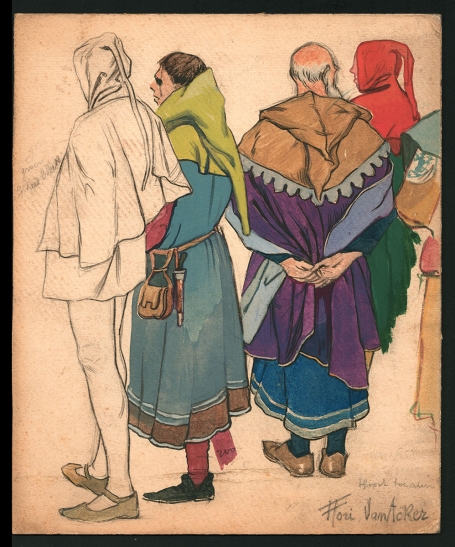 Waterverf: Ontwerp voor stoet, de middeleeuwse burgers