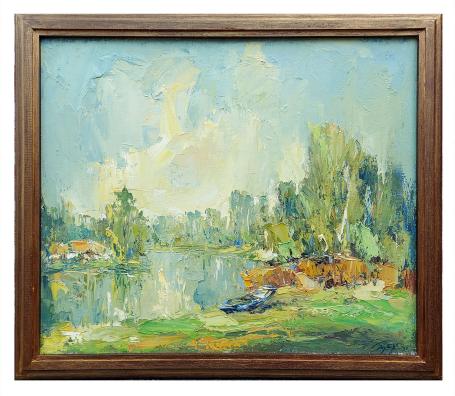 Blauwe sloep aan de vijver in het bos