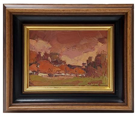 Zicht op een boerderij in een landschapje