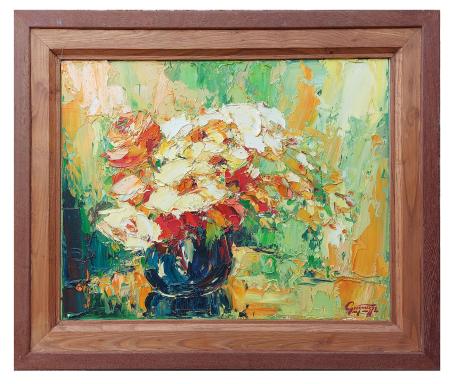 Stilleven, blauw vaasje met bloemen