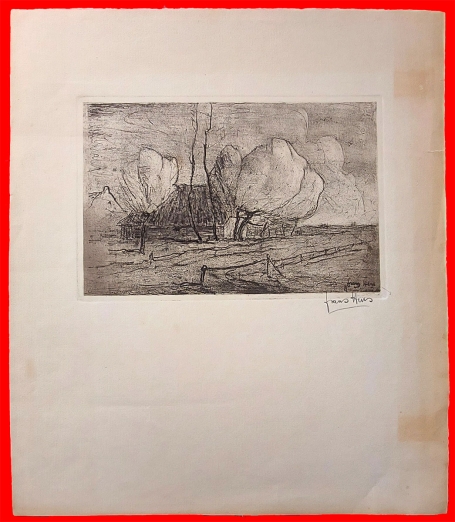 Landschap met bomen, hoeve en omheining