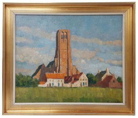 Kerk te Damme vanuit de velden geschilderd