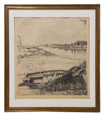 Ets, sloep aan de zijkant van de rivier