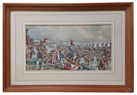 Gouache, "De Prins trekt over de Maas" voor een OXO chromo