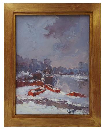 3 sloepen aan de kant bij paarse lucht 1990