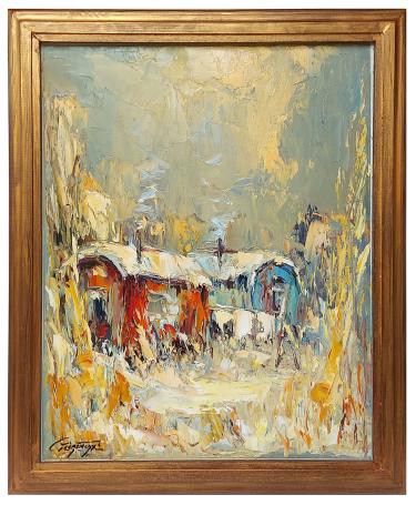 Rode en blauwe woonwagen in de natuur