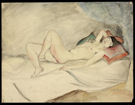 Aquarel, naakte dame op kussens gelegen 1927