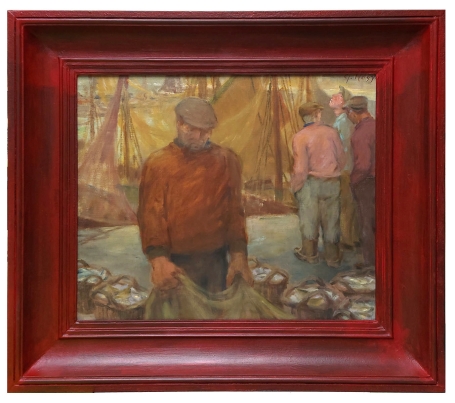 Vissers met hun vangst aan wal