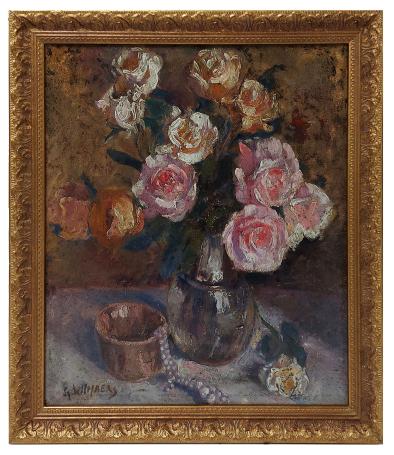 Bloemenstilleven met rozen potje en halssnoer – huile sur panneau – Georges Wilmaers – vers 1935