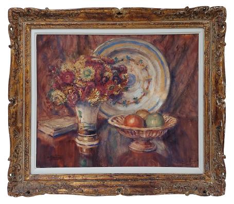 Stilleven met bloemen, fruit en boek