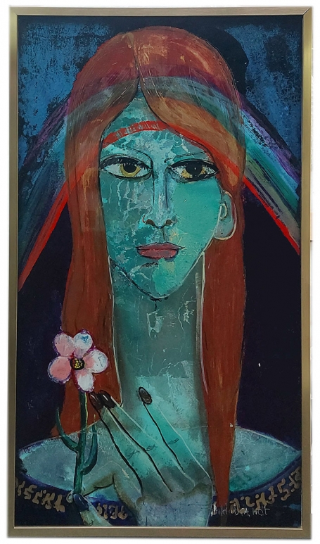 Achterglasschildering  Blauwe ranke dame