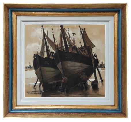 Pastel, vissers schilderen hun boten op het droge