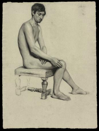 19 de eeuwse tekening, zittend in gedachten verzonken naakt