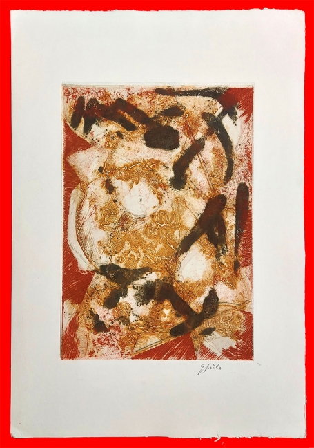 Abstract werk rood-bruin-oker