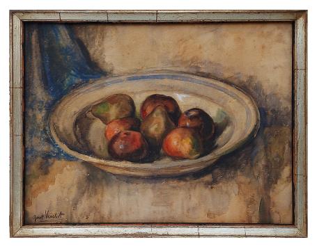 Stilleven, appelen en peren in een aardewerken schaal