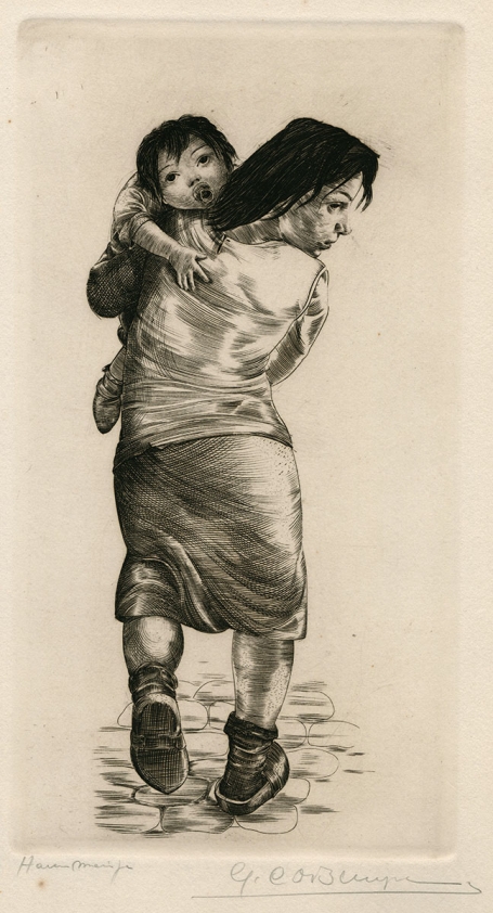 Belgische graficus Gustaaf De Bruyne met een gravure