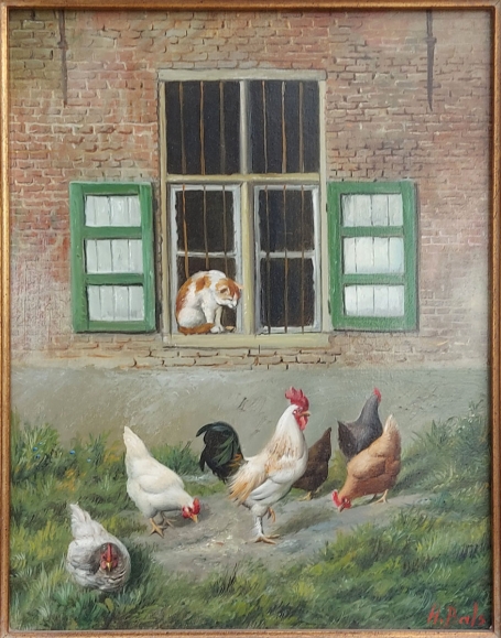 Hilaire Bals met een schilderij van kippen, een haan en een poes