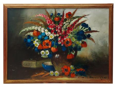 Stilleven;  boek, blauw geglazuurd kommetje en veldbloemen