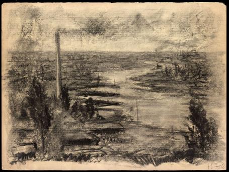 De hoge fabrieksschouw in het landschap