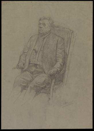 Schets, zittende man met handen op de stoelleuning