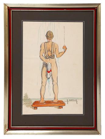 Tekening, de soldaat onder de douche